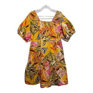 MLLE Gabrielle 1X Tropical Floral Puff Sleeve Cotton Dress Multicolor Boho